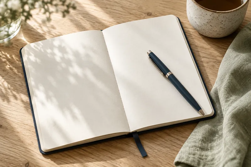 Otwarty notes i granatowe pióro — ilustracja przygotowania do pierwszego spotkania
