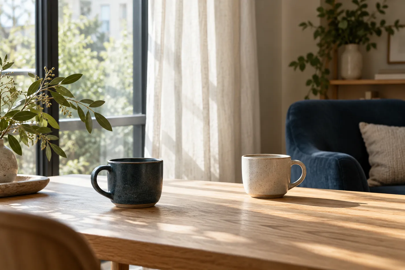Dwie ceramiczne filiżanki na jasnym stole przy oknie, jako ilustracja spokojnej rozmowy